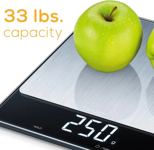 Vista 6 de Beurer KS34 - Báscula digital de cocina, báscula precisa para alimentos y gramos, capacidad de 33 libras, plataforma de pesaje XL para preparación