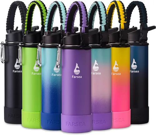 Vista 64 de Botella de agua Farsea aislada con asa de paracord, protector y 2 tapas (tapa de pajita y tapa de boquilla), de acero inoxidable, boca ancha, doble