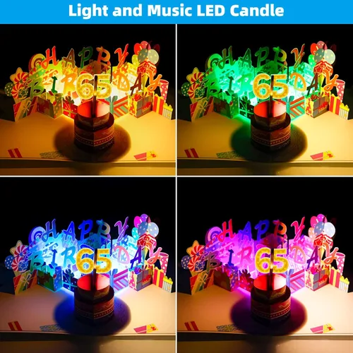 Vista 4 de Gumry Tarjeta emergente de cumpleaños musical 65, velas 3D con luz LED soplable con canción "HAPPY", sonido de aplauso, luces que cambian