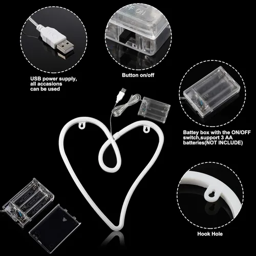 Vista 6 de Luces de neón con forma de corazón de amor, luces de noche de San Valentín, letreros de neón en forma de corazón con USB y pilas para niños