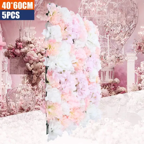 Vista 9 de 5 paneles de pared de flores artificiales de 24 x 16 pulgadas, paneles decorativos de flores de rosas de seda 3D, fondo de pared para bodas