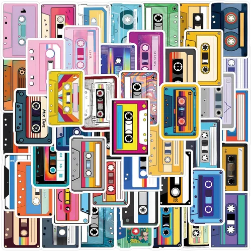 Calcomanías de casete de música, 55 unidades de vinilo de dibujos animados para botella de agua, laptop, autos, guitarra, patineta, parachoques,