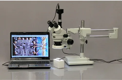 Vista 3 de AmScope SM-4TZ-80S microscopio profesional trinocular estéreo con zoom, oculares WH10x, aumento de 3,5X-90X, objetivo con zoom 0,7X-4,5X, anillo