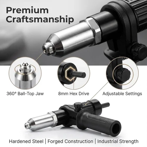 Vista 4 de Kit de adaptador de pistola de remache eléctrica profesional, adaptador de taladro de tuerca de remache eléctrica, con mango de plástico extraíble