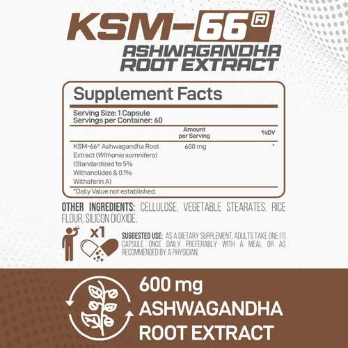 Vista 2 de Forzagen Cápsulas de extracto de raíz de Ashwagandha KSM-66, 600 mg, 60