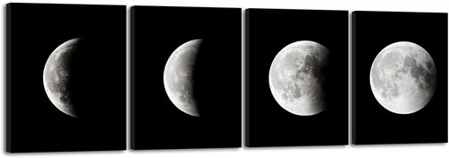 Vista 9 de Wieco Art Eclipse of the Moon - Impresiones en lienzo modernas para decoración de pared para sala de estar, imágenes abstractas en blanco y negro a