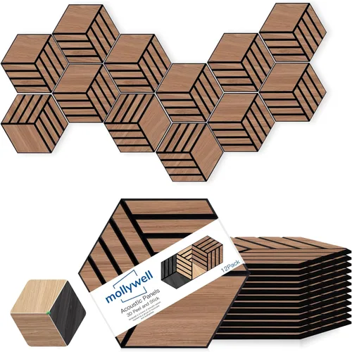 Vista 13 de Mollywell Paneles acústicos hexagonales, nogal S4, 14 x 12 x 0.4 pulgadas, paquete de 12 unidades chapa de madera Paneles de pared de alta