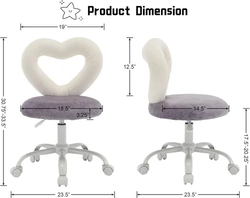 Vista 2 de HNY Silla de escritorio para niños con ruedas, linda silla de tocador de felpa morada con respaldo en forma de corazón ahuecado ajustable, silla