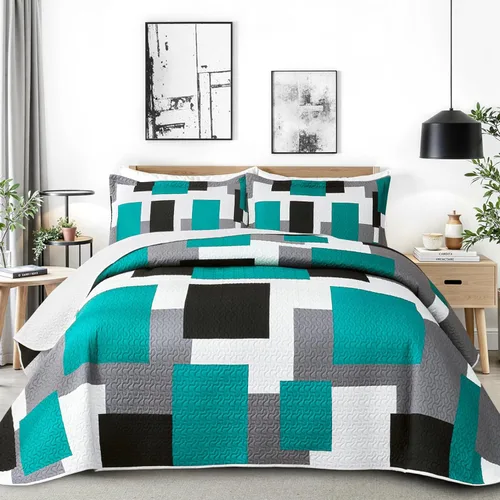 Vista 18 de Tyrot Juego de edredón de 2 piezas, color azul, blanco y gris, tamaño individual, juego de ropa de cama reversible geométrico negro y blanco, colcha