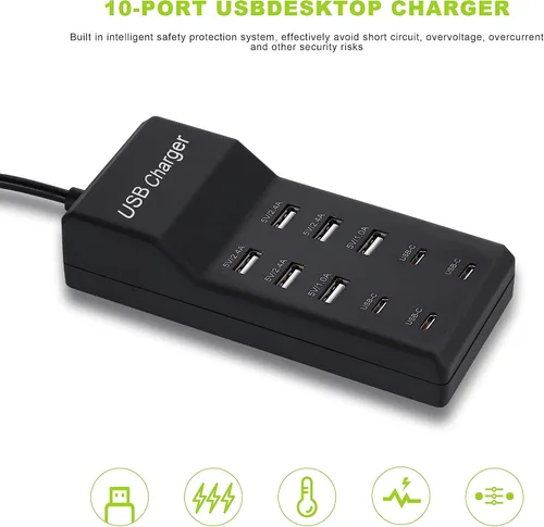 Vista 7 de Cargador USB, estación de carga USB de 50 W con 10 puertos (6 puertos USB-A y 4 puertos USB-C) compatible con iPhone 15/14/13/12/11/X/8/7/6