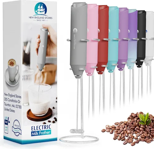 Vista 10 de Espumador de leche de mano potente, mini batidor mezclador de bebidas para café, capuchino, café con leche, matcha, chocolate caliente, con soporte