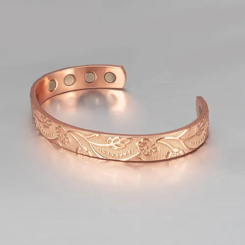 Vista 2 de Pulsera de cobre para mujer, 6.5 pulgadas, flor de cobre puro, ajustable, con imanes, regalo de joyería de cobre (1042)