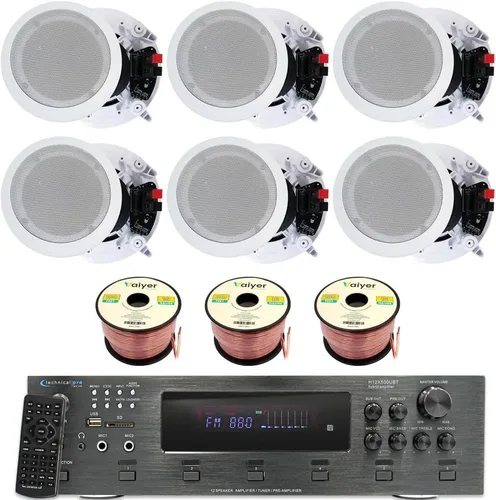 Kit de sistema estéreo para el hogar, amplificador Bluetooth de 6 canales de 6000 vatios con 6 altavoces de techo enmarcados de 8 pulgadas de 300 W