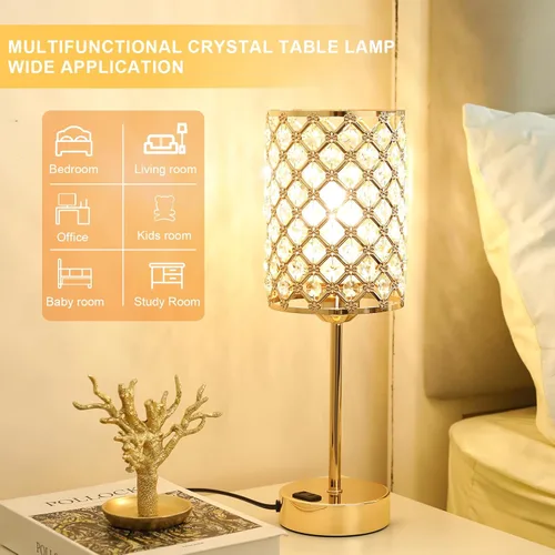 Vista 6 de Lámpara de mesa de cristal con control táctil, lámpara de mesita de noche regulable con puertos de carga USB-C+A y CA, lámpara USB dorada de 3 vías