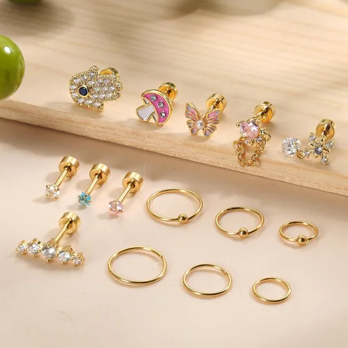 Vista 6 de 15 Pcs Cartilage Earring Stud Set For Women Hypoallergetic 20G Helix Conch Hoop 16G Flat Back Stud Dangle Earrings Small Stainless Steel Screw Back