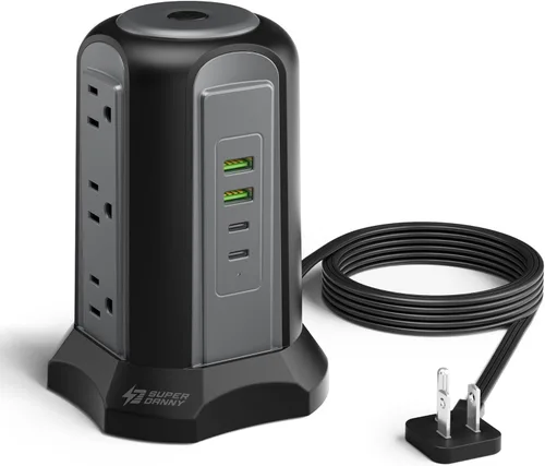 Vista 9 de Tira de alimentación con protector de subida de tensión en torre, estación de carga de escritorio SUPERDANNY, cable de extensión de enchufe plano