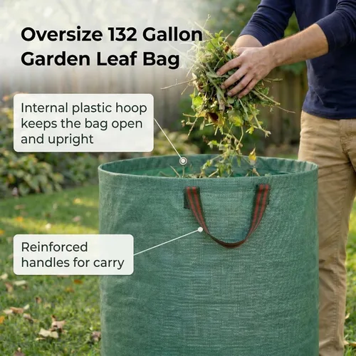 Vista 3 de Gardzen Paquete de 2 bolsas de basura de 132 galones, reutilizables, resistentes, plegables, para hojas de jardín, con anillo de plástico, cubo