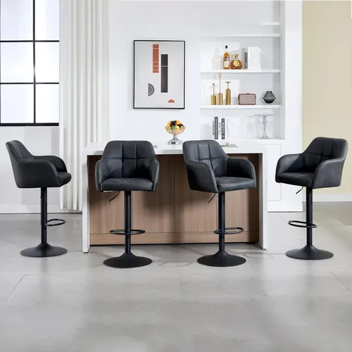 Vista 11 de Moderno juego de 2 taburetes de bar giratorios de piel sintética con apoyabrazos, silla de bar ajustable tapizada con base de metal reposapiés