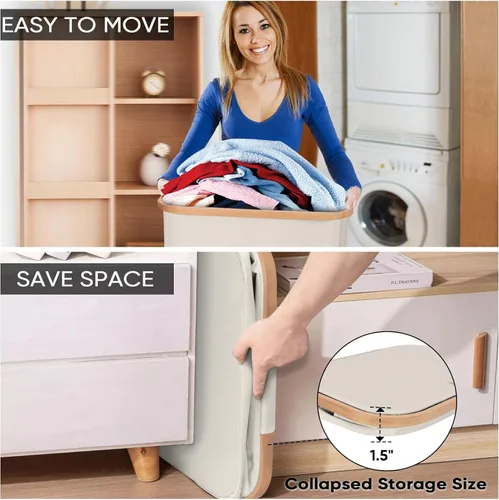 Vista 5 de BALEINE Cesta de lavandería con tapa, cestas altas para la ropa sucia con asas de bambú, contenedor grande para la ropa sucia con soporte interno
