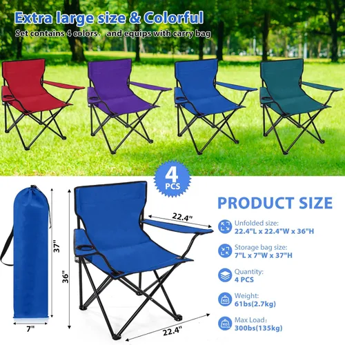 Vista 2 de 4 Pcs Extra Large Folding Camping Chairs with Cup Holder Carry Bag Large Size Portable Lightweight Lawn Chair with Mesh Side Pocket Fishing Hiking