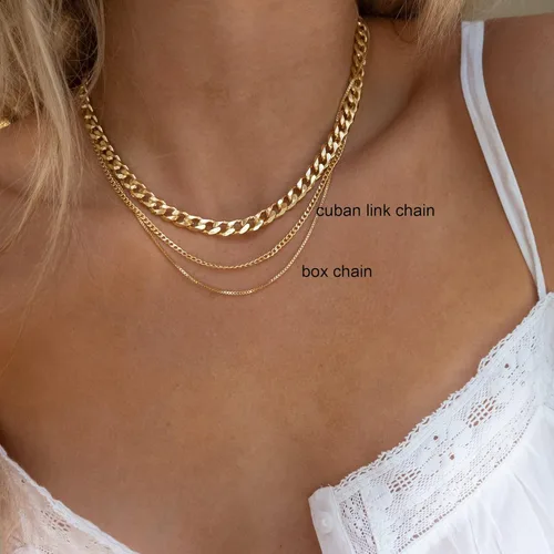 Vista 3 de Tewiky Collar de cadena de oro para mujer, chapado en oro de 14 quilates, collar de cadena de caja de ondas con cuentas finas, collar de oro