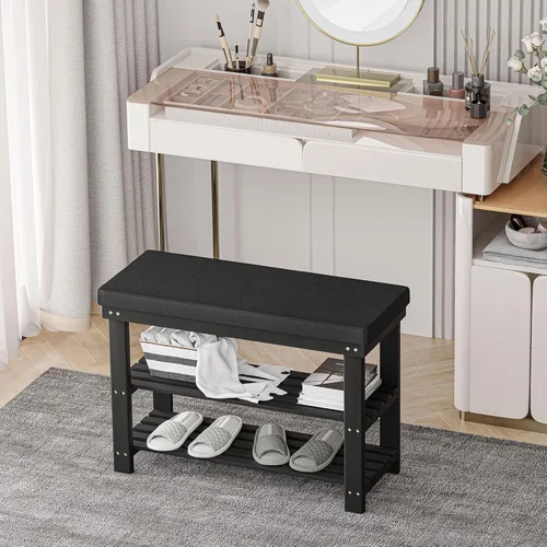 Vista 11 de Domax Zapatero para entrada, zapatero de bambú de 3 niveles con asiento tapizado acolchado, color marrón