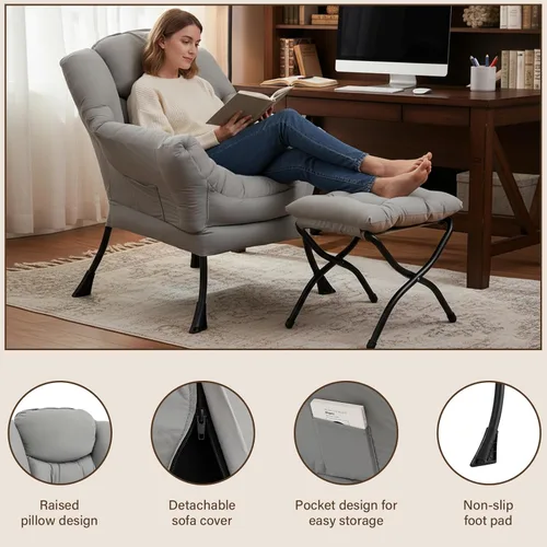 Vista 86 de Welnow Silla Lazy con otomana, moderna silla de descanso con reposabrazos y un bolsillo lateral, sillón para sofá de ocio, sillón de lectura