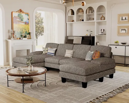 Vista 9 de Furmax - Sofás seccionales para sala de estar, sofá en forma de U con tela de lino, juego de sofá de 4 plazas con doble chaise para apartamento Beige