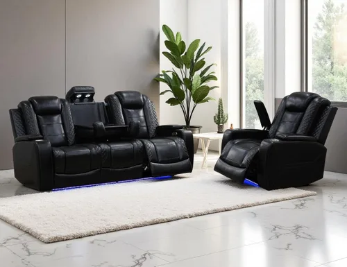 Vista 19 de Juego de Sofá Reclinable Eléctrico, Juego de Sillones Reclinables de Cuero Transpirable, Juegos de Muebles de Sala de Estar, Sofá de Dos Plazas