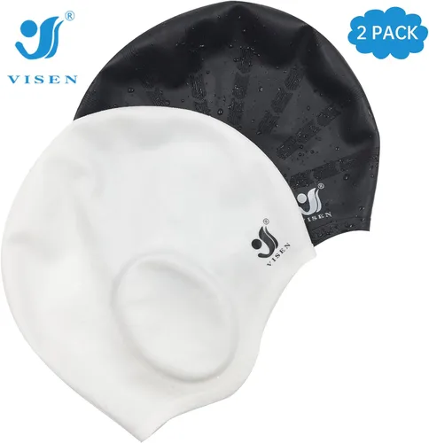 Vista 4 de Gorros de natación unisex con protección para los oídos, paquete de 2 gorras de natación de silicona para cabello corto/largo con tapones