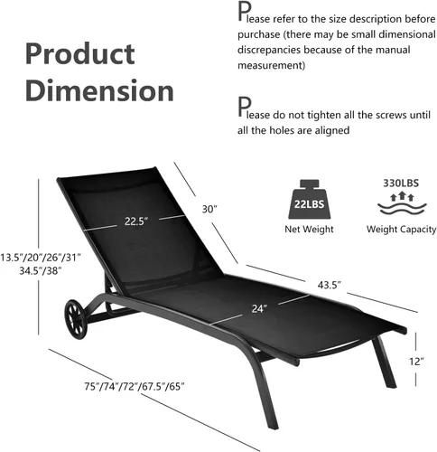 Vista 3 de Tangkula Sillón tumbona para exteriores, sillón reclinable de patio con respaldo ajustable de 6 posiciones, tela transpirable y ruedas lisas, silla