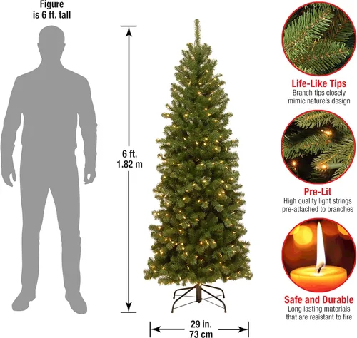 Vista 3 de National Tree Company - Árbol de Navidad artificial preiluminado, verde, de abeto de North Valley, luces blancas, incluye soporte, 6 pies