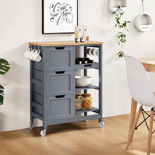 Vista 3 de Yaheetech Carrito de Isla de Cocina con Ruedas, Carrito de Almacenamiento Rodante con Encimera de Bambú, 3 Cajones, 3 Estantes Extraíbles y Ruedas