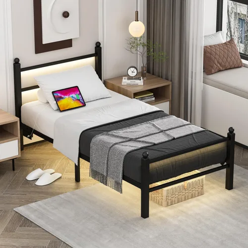 Vista 7 de Base de cama individual con estación de carga y luces LED, marco de cama de metal tamaño individual con cabecera y estribo, plataforma de soporte