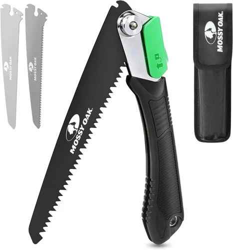 Sierra plegable 3 en 1 de Mossy Oak, sierra de mano para podar con hoja de madera, metal y PVC, sierra de camping para senderismo, caza y