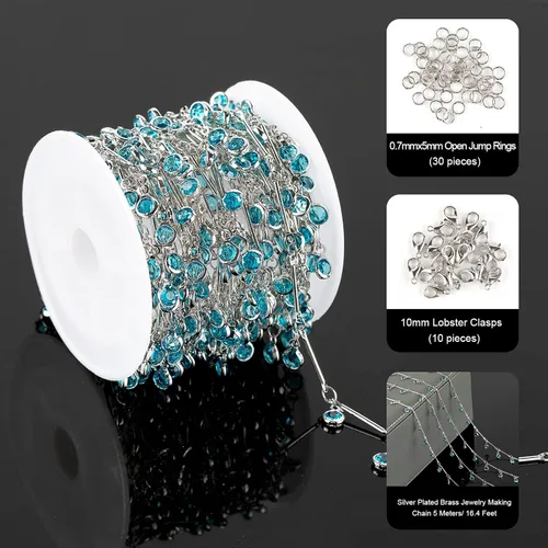 Vista 2 de YOUBEIYEE Cadenas de cuentas de cristal azul para hacer joyas, collar de plata de cristal colgante, cadenas para el tobillo, cadenas de bricolaje a