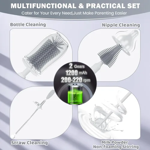 Vista 3 de IvyWind Juego de Cepillos Eléctricos para Biberones de Viaje con Caja de Almacenamiento, Kit de Cepillo Limpiador Automático de Biberones