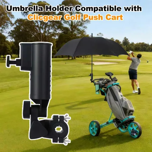 Vista 2 de Soporte para paraguas compatible con Clicgear, ajustable para carrito de empuje, resistente al viento y almacenamiento compacto, para cortacésped