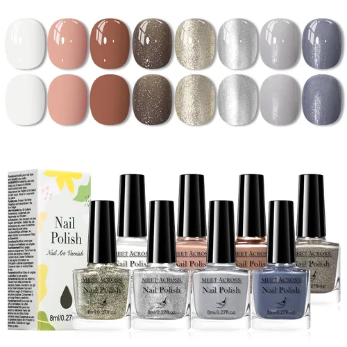 Vista 12 de MEET ACROSS Juego de esmaltes de uñas de 8 colores brillantes, morado, rosa, rojo, azul, blanco, kit de esmalte de uñas lechoso, kit de esmalte