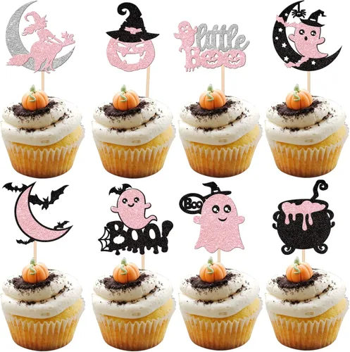 Vista 38 de 24 piezas de decoración de cupcakes de Halloween para despedida de soltero con purpurina, araña, bruja, murciélago, Halloween, cupcakes