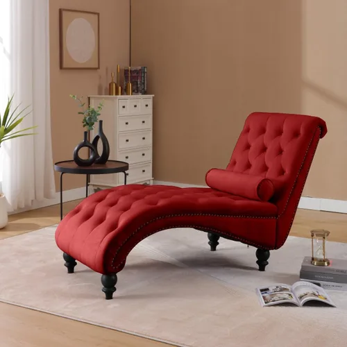 Vista 5 de Tumbona para interiores, silla de salón con botones para dormitorio con patas de madera maciza y almohada de apoyo, decoración de cabeza de clavos