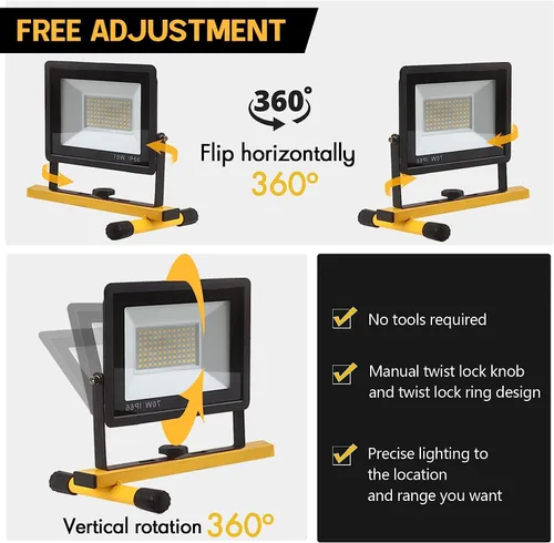 Vista 3 de Luces de trabajo de 22000 lúmenes con soporte, luz de trabajo LED de 2 cabezales ajustables, con soporte de trípode ajustable y plegable, lámpara