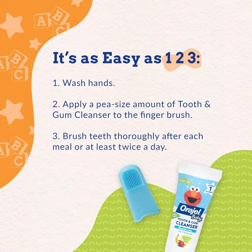 Vista 4 de Orajel Baby Elmo - Limpiador de dientes y encías sin flúor, 1 cepillo para los dedos, 1 pasta de dientes de 1 onza; pasta de dientes #1 recomendada