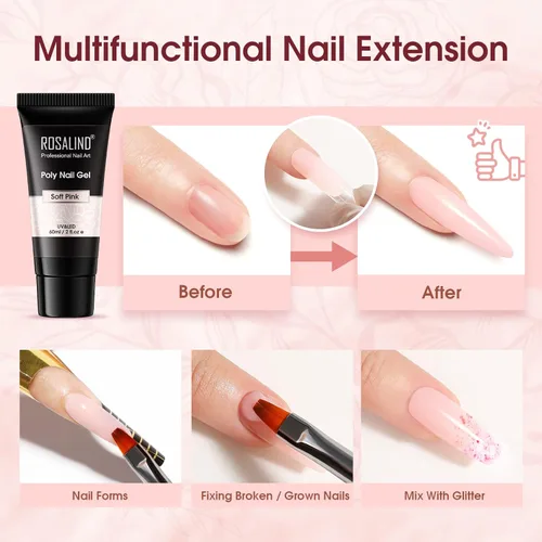 Vista 4 de ROSALIND Gel de uñas de poliéster rosa, 2.0 fl oz de gel de extensión de poliéster para uñas de color rosa natural, uñas constructoras de poliéster