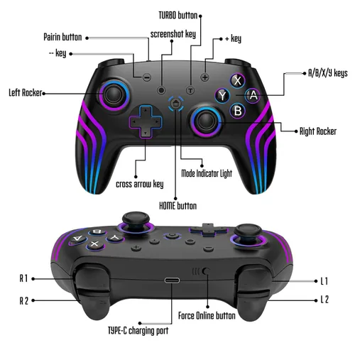 Vista 7 de MYSTILUCK Wireless Pro Controller for Switch/Switch 2/Lite/OLED/PC, Gamepad with 7 Color-Changing RGB Lighting/Dual Vibration/6-Axis