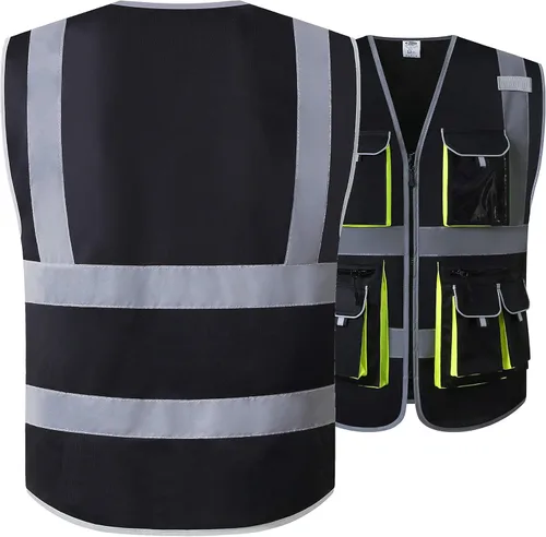 Vista 5 de JKSafety Chaleco de seguridad negro con cremallera frontal, 10 bolsillos, alta visibilidad, con tiras altamente reflectantes, cumple con las normas