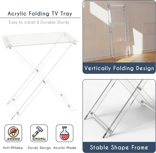 Vista 3 de CRYSFLOA Bandeja de TV plegable de acrílico, mesa plegable para muebles modernos y pequeños, mesa auxiliar para sala de estar, dormitorio, cocina