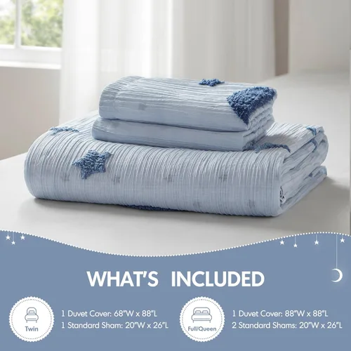 Vista 6 de Intelligent Design Cosmos - Juego de edredón infantil tamaño individual – Chenilla copetuda con estrella azul y luna, ropa de cama reversible de 2