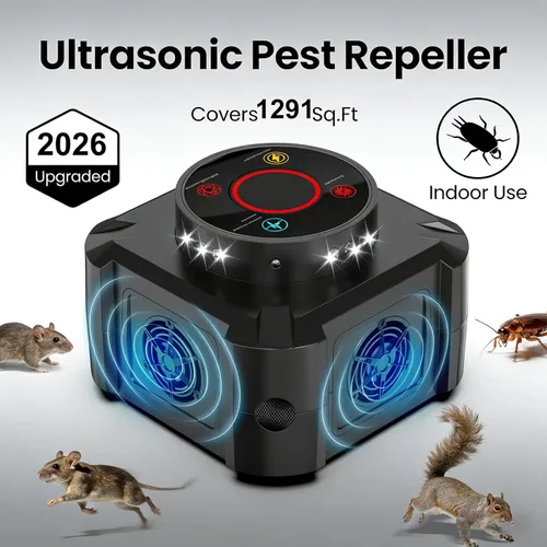 Vista 8 de Repelente de ratón con enchufe ultrasónico para control de roedores, 4 modos ultrasónicos + 12 luces LED de flash repelente de interiores