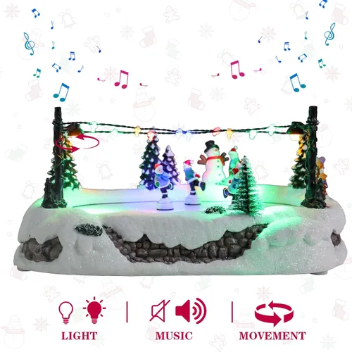 Vista 3 de Bshine Casas de Pueblo Navideño - Edificio Musical de Pueblo Navideño con Estanque de Patinaje y Patinadores en Movimiento, Figuras que Funcionan